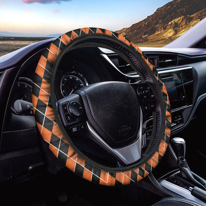 Orange And Black Halloween Argyle Print Car Steering Wheel Cover