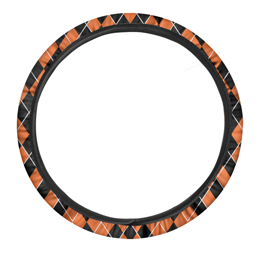 Orange And Black Halloween Argyle Print Car Steering Wheel Cover