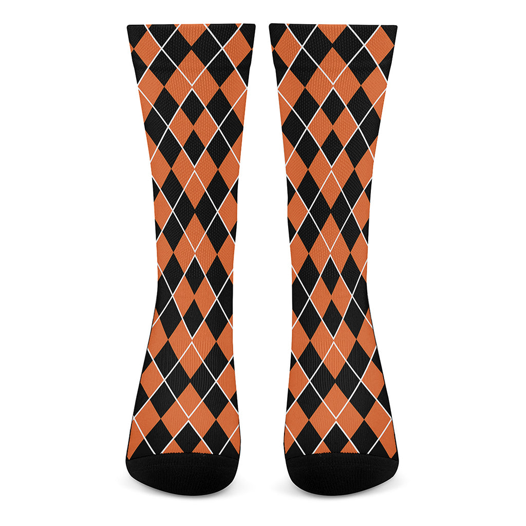 Orange And Black Halloween Argyle Print Crew Socks