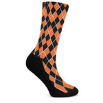 Orange And Black Halloween Argyle Print Crew Socks