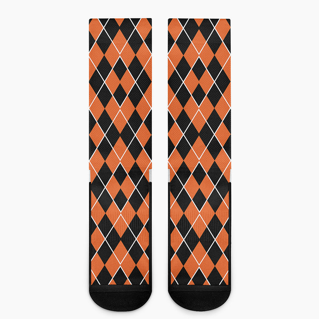 Orange And Black Halloween Argyle Print Crew Socks