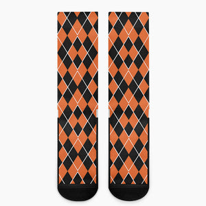 Orange And Black Halloween Argyle Print Crew Socks