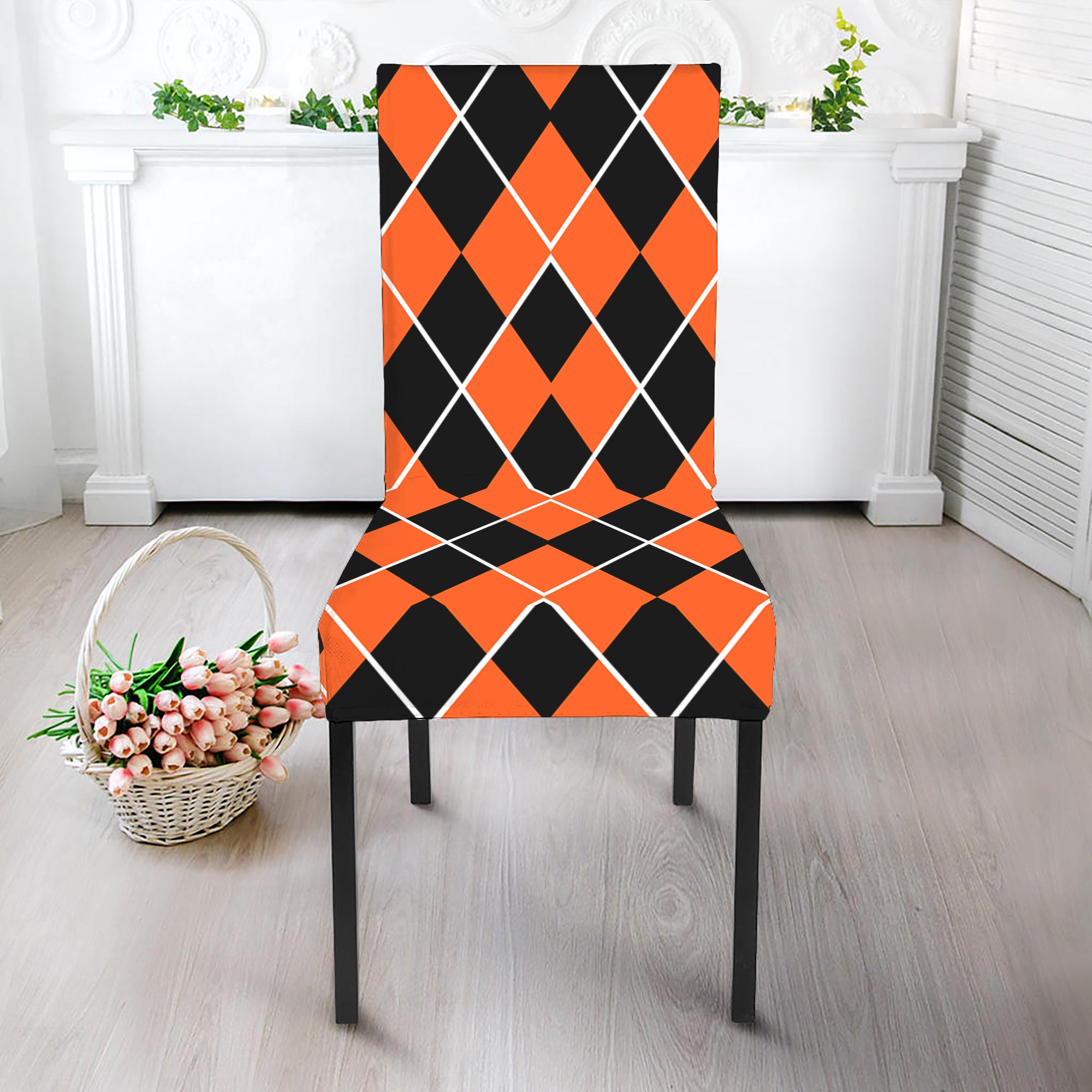 Orange And Black Halloween Argyle Print Dining Chair Slipcover