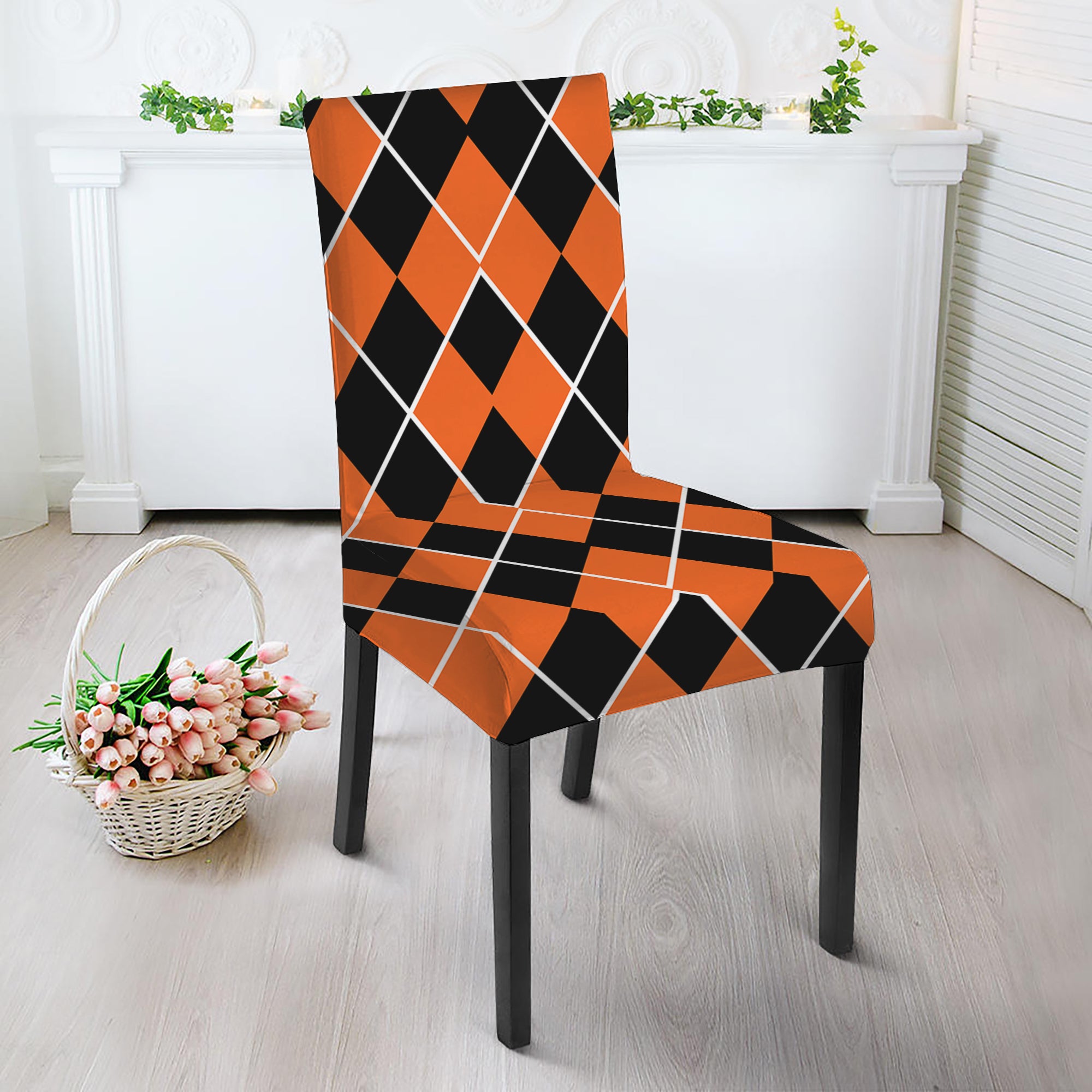 Orange And Black Halloween Argyle Print Dining Chair Slipcover