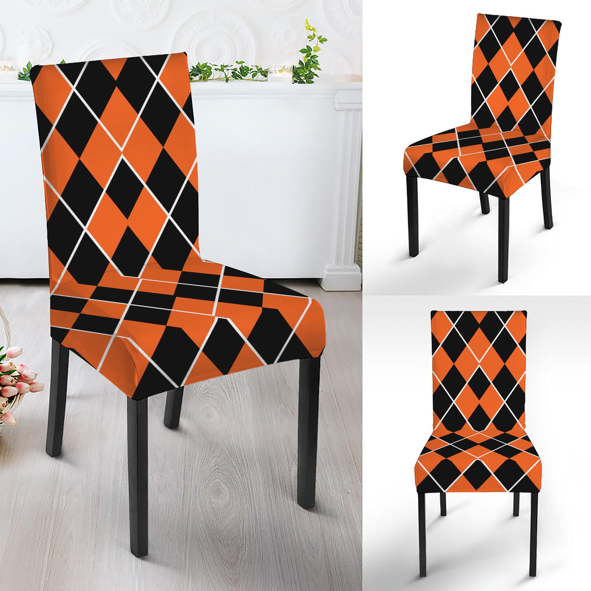 Orange And Black Halloween Argyle Print Dining Chair Slipcover