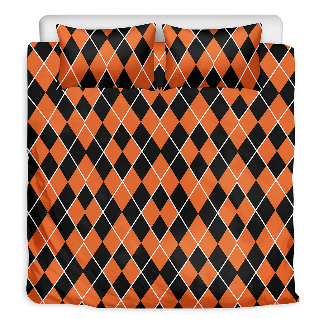 Orange And Black Halloween Argyle Print Duvet Cover Bedding Set