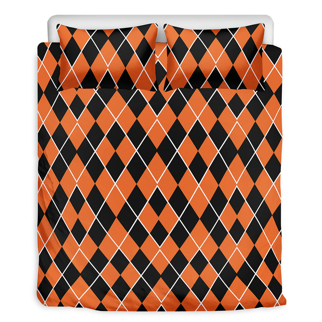 Orange And Black Halloween Argyle Print Duvet Cover Bedding Set