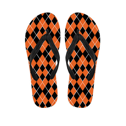 Orange And Black Halloween Argyle Print Flip Flops