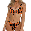 Orange And Black Halloween Argyle Print Front Bow Tie Bikini