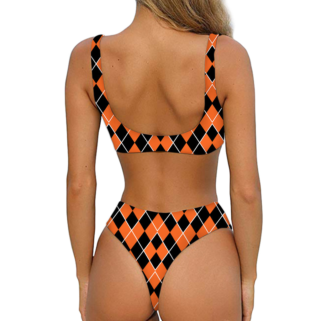 Orange And Black Halloween Argyle Print Front Bow Tie Bikini