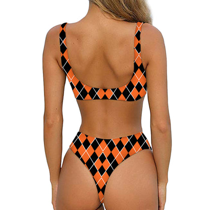 Orange And Black Halloween Argyle Print Front Bow Tie Bikini