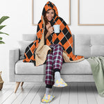 Orange And Black Halloween Argyle Print Hooded Blanket