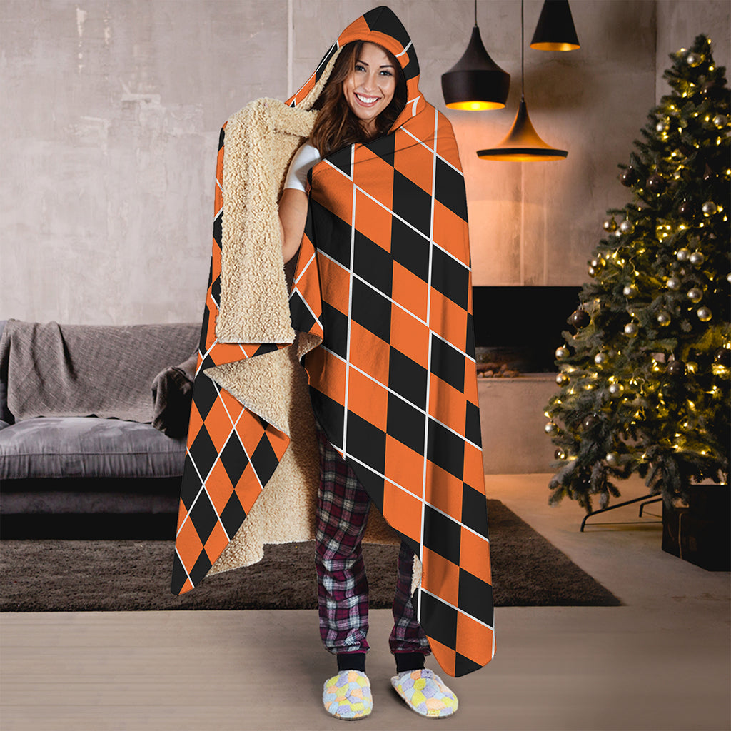 Orange And Black Halloween Argyle Print Hooded Blanket