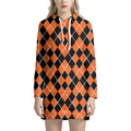 Orange And Black Halloween Argyle Print Pullover Hoodie Dress