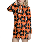 Orange And Black Halloween Argyle Print Hoodie Dress