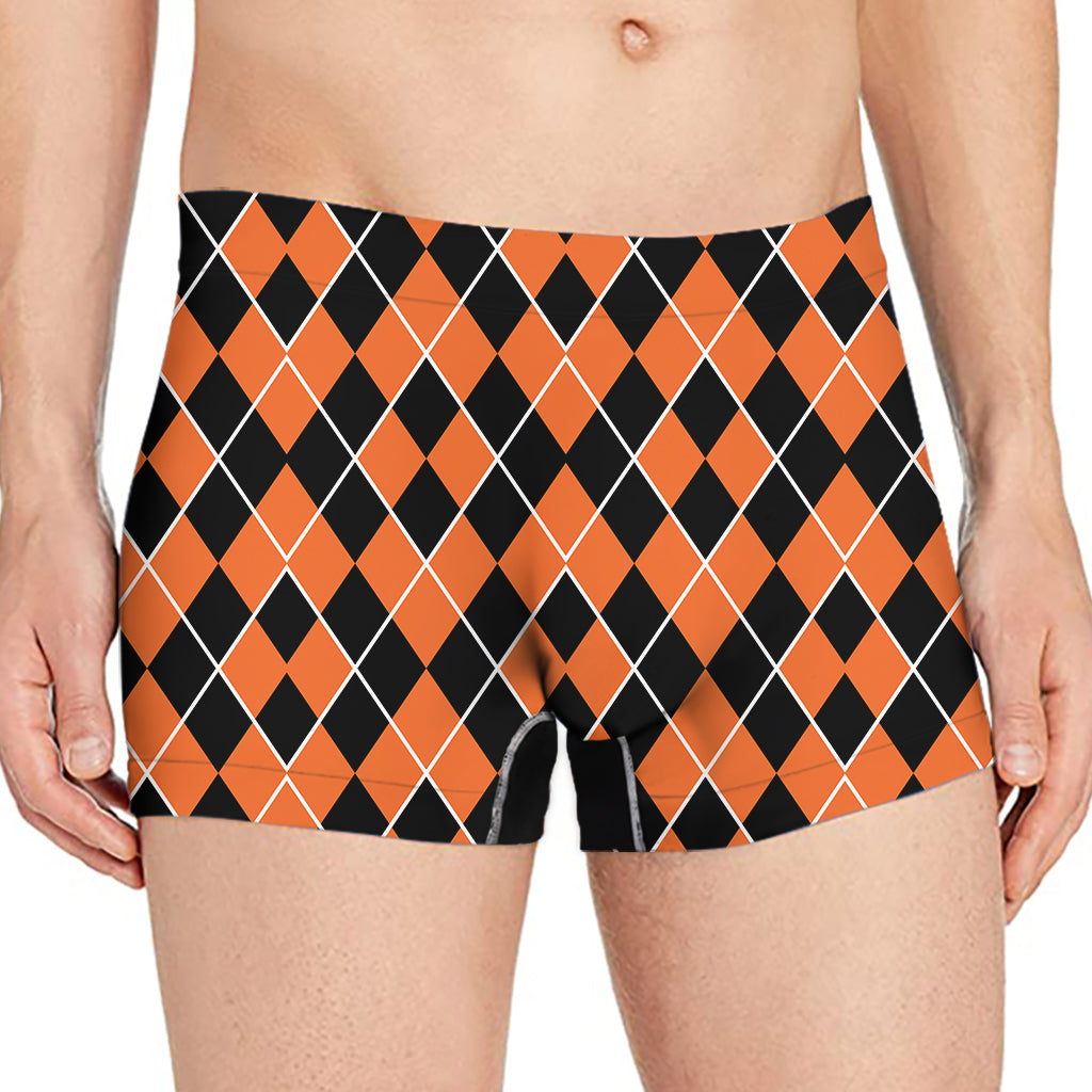 Orange And Black Halloween Argyle Print Men's Boxer Briefs