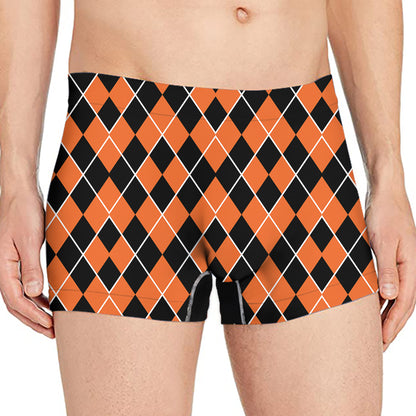 Orange And Black Halloween Argyle Print Men's Boxer Briefs