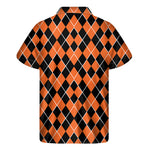 Orange And Black Halloween Argyle Print Men's Short Sleeve Shirt