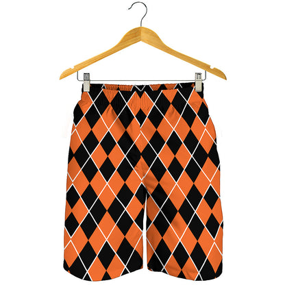 Orange And Black Halloween Argyle Print Men's Shorts