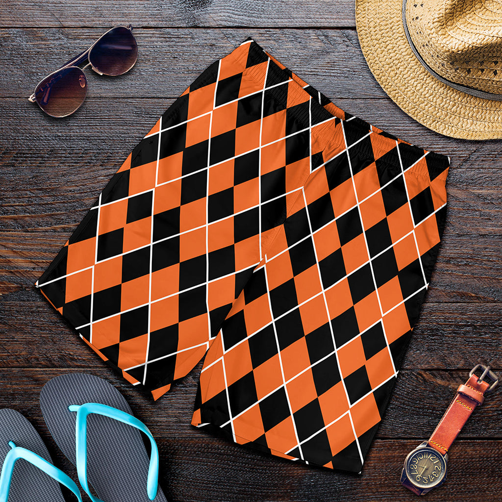 Orange And Black Halloween Argyle Print Men's Shorts