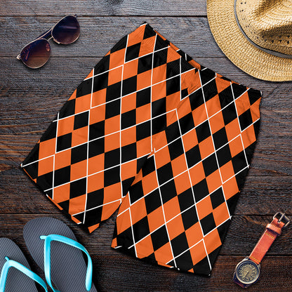Orange And Black Halloween Argyle Print Men's Shorts