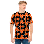 Orange And Black Halloween Argyle Print Men's T-Shirt