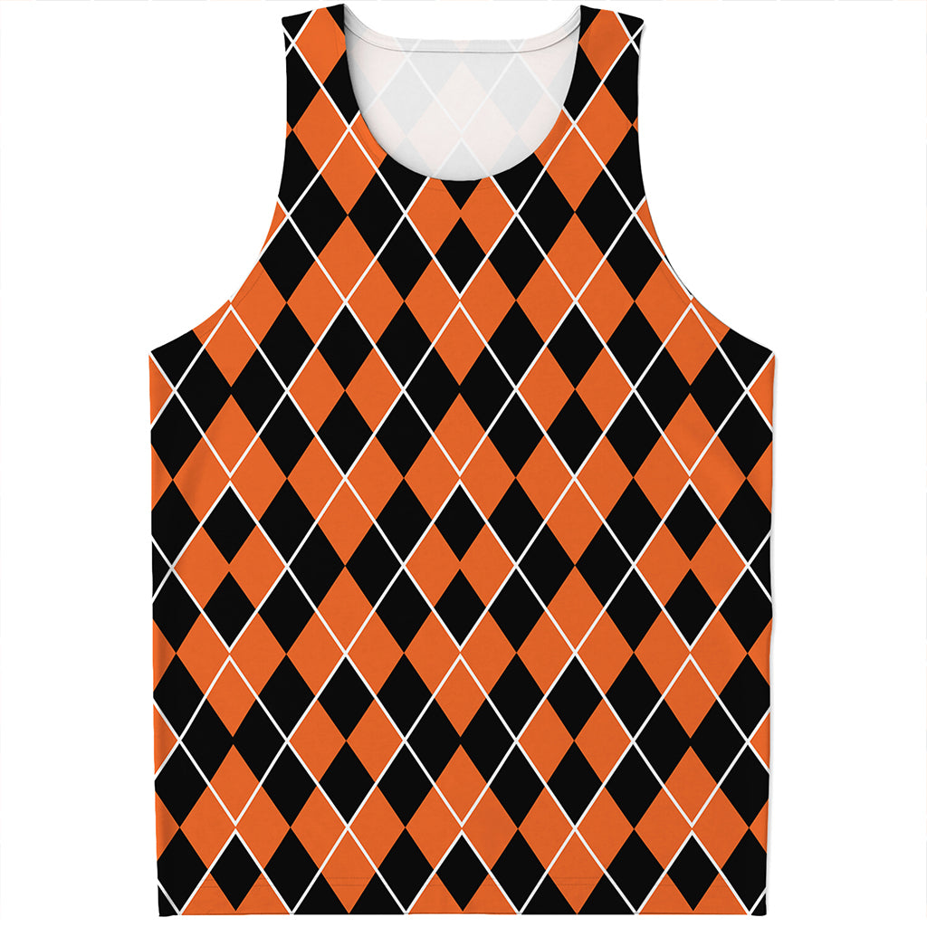 Orange And Black Halloween Argyle Print Men's Tank Top