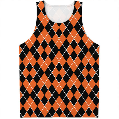 Orange And Black Halloween Argyle Print Men's Tank Top