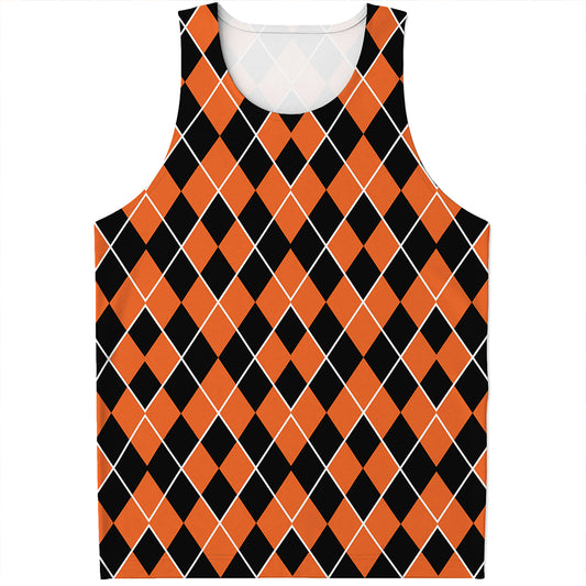 Orange And Black Halloween Argyle Print Men's Tank Top