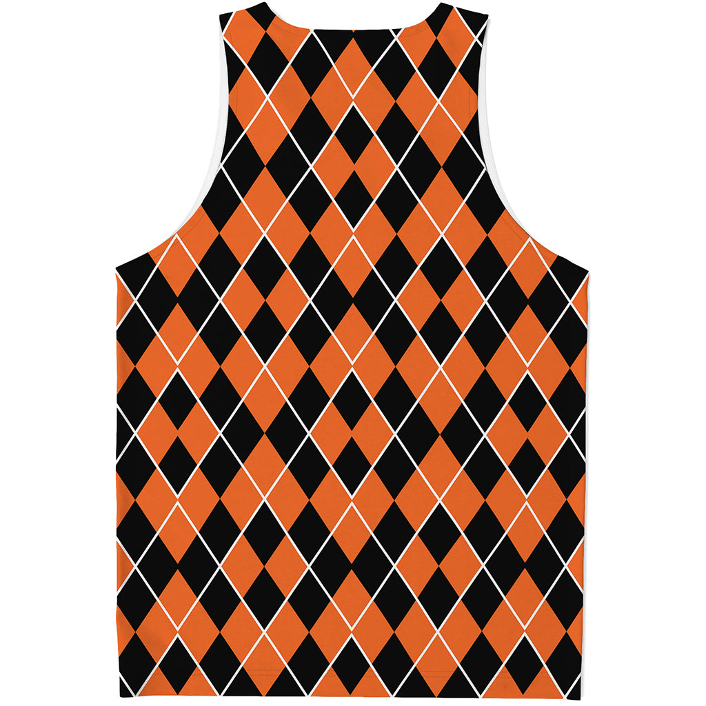 Orange And Black Halloween Argyle Print Men's Tank Top