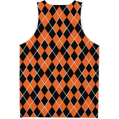 Orange And Black Halloween Argyle Print Men's Tank Top