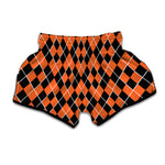 Orange And Black Halloween Argyle Print Muay Thai Boxing Shorts