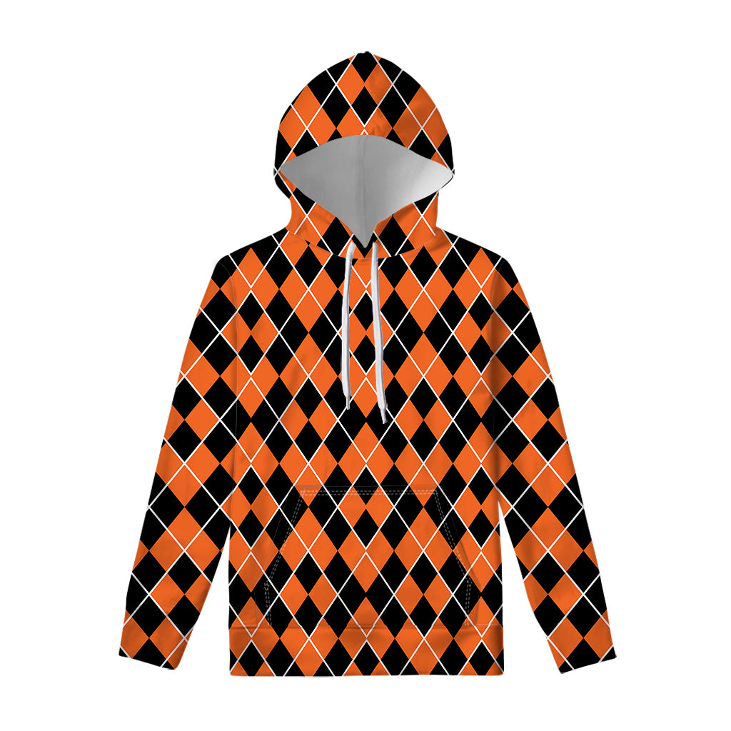 Orange And Black Halloween Argyle Print Pullover Hoodie