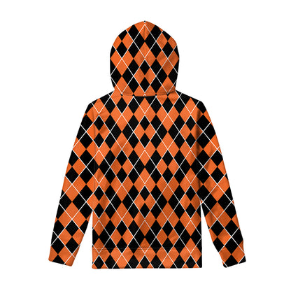 Orange And Black Halloween Argyle Print Pullover Hoodie