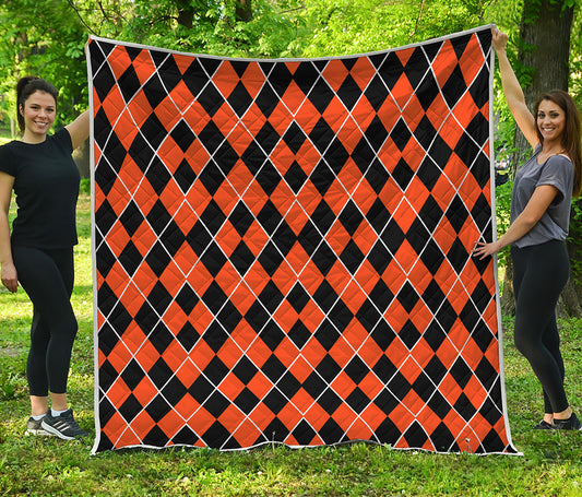 Orange And Black Halloween Argyle Print Quilt