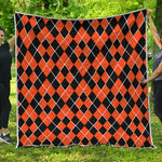 Orange And Black Halloween Argyle Print Quilt