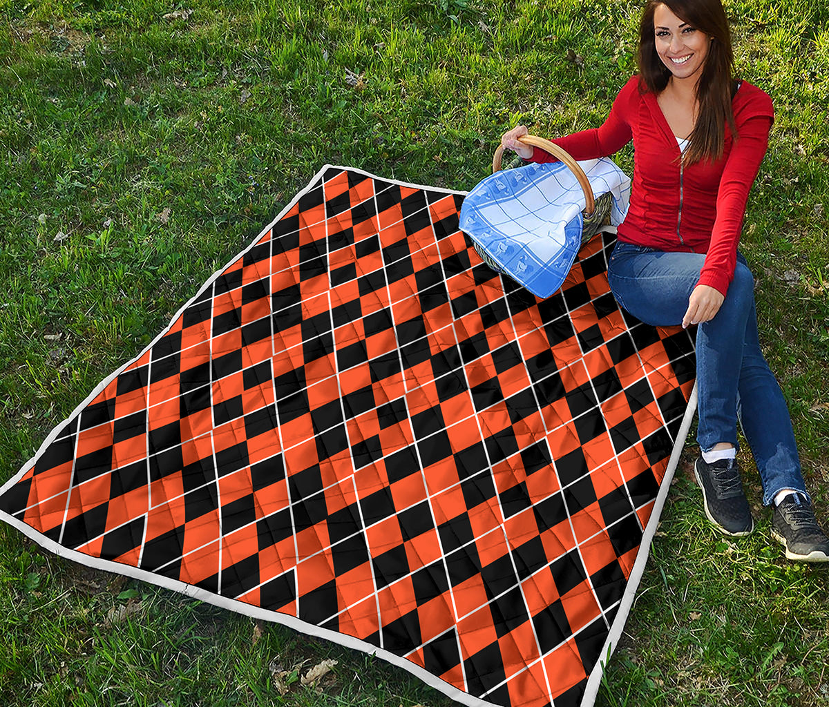Orange And Black Halloween Argyle Print Quilt