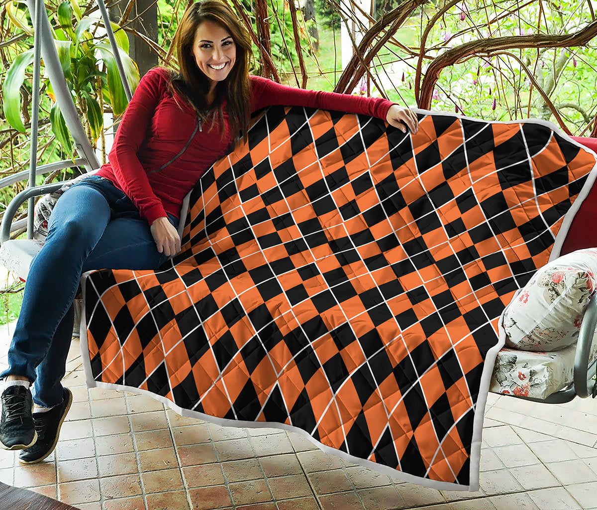 Orange And Black Halloween Argyle Print Quilt
