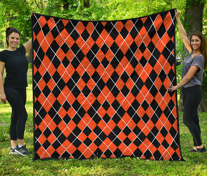 Orange And Black Halloween Argyle Print Quilt