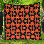 Orange And Black Halloween Argyle Print Quilt