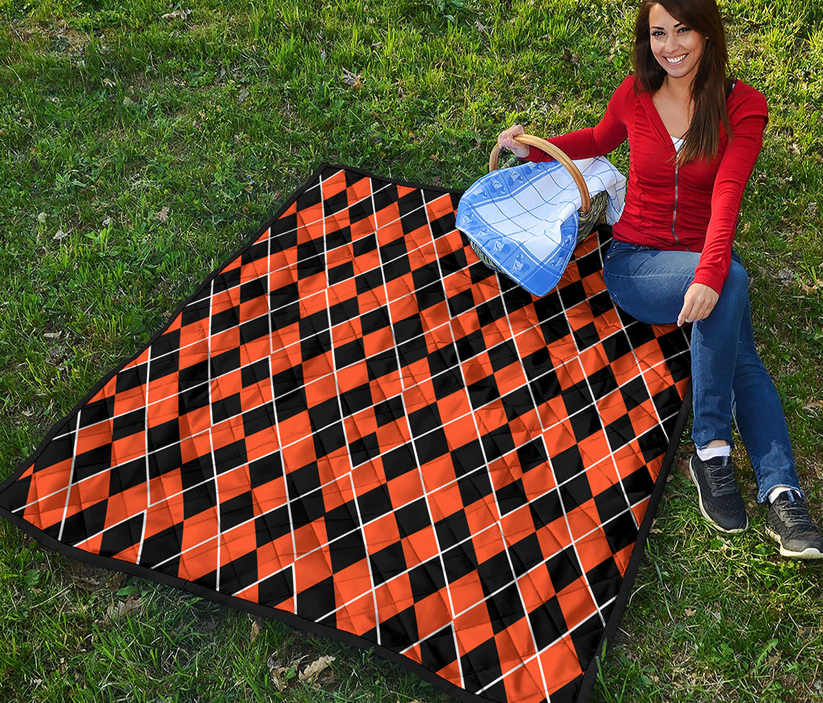 Orange And Black Halloween Argyle Print Quilt