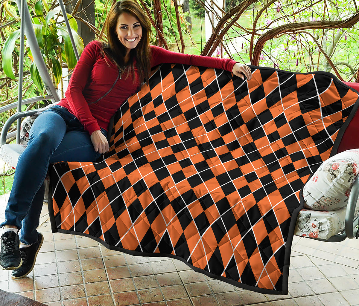 Orange And Black Halloween Argyle Print Quilt