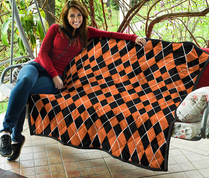 Orange And Black Halloween Argyle Print Quilt