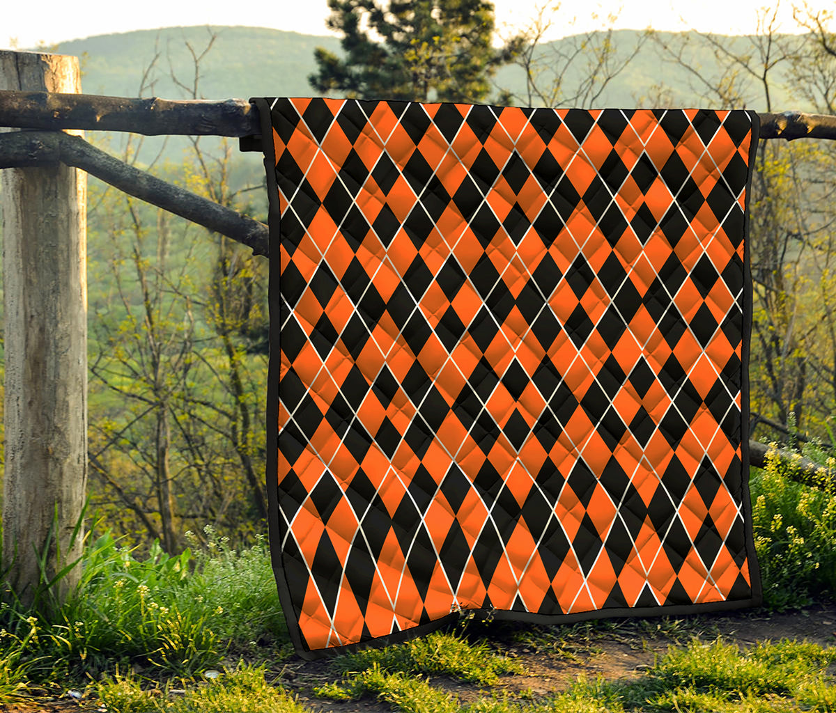 Orange And Black Halloween Argyle Print Quilt