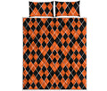 Orange And Black Halloween Argyle Print Quilt Bed Set