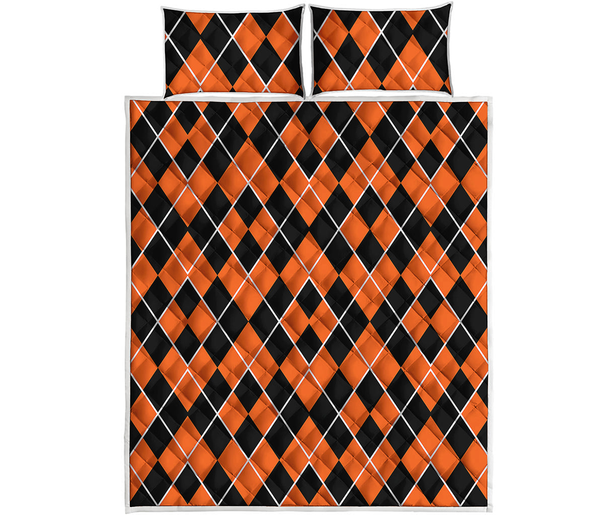 Orange And Black Halloween Argyle Print Quilt Bed Set