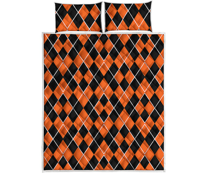 Orange And Black Halloween Argyle Print Quilt Bed Set