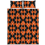 Orange And Black Halloween Argyle Print Quilt Bed Set