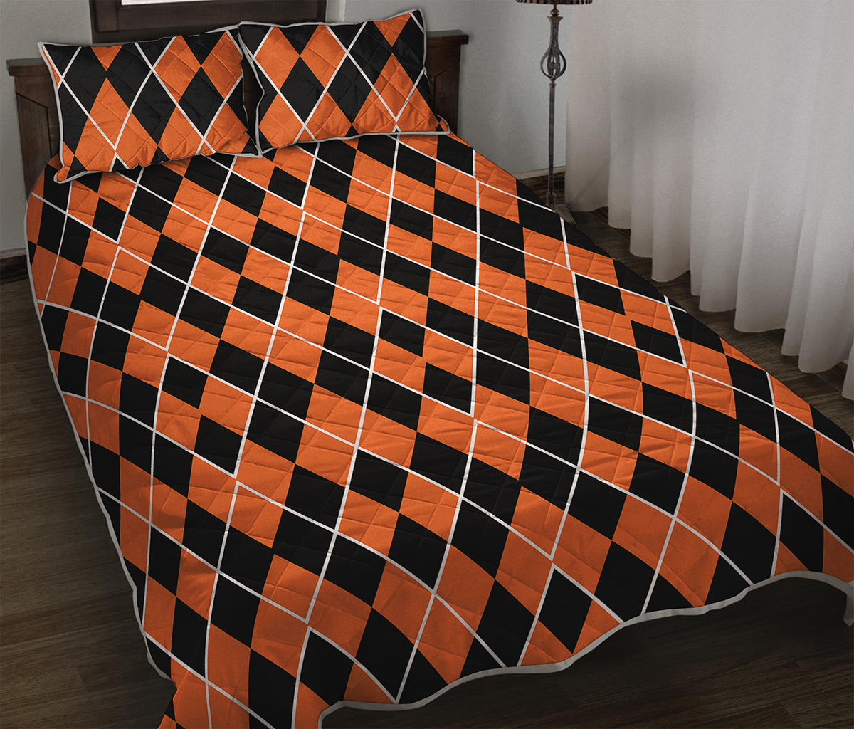Orange And Black Halloween Argyle Print Quilt Bed Set