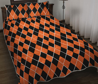 Orange And Black Halloween Argyle Print Quilt Bed Set